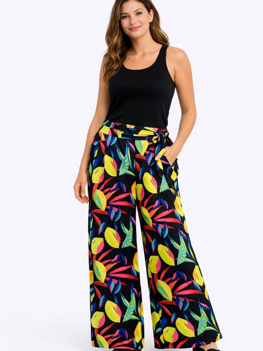 Tabitha Brown Wide-Leg Linen Tropical Design Pants Elastic Waist Size M